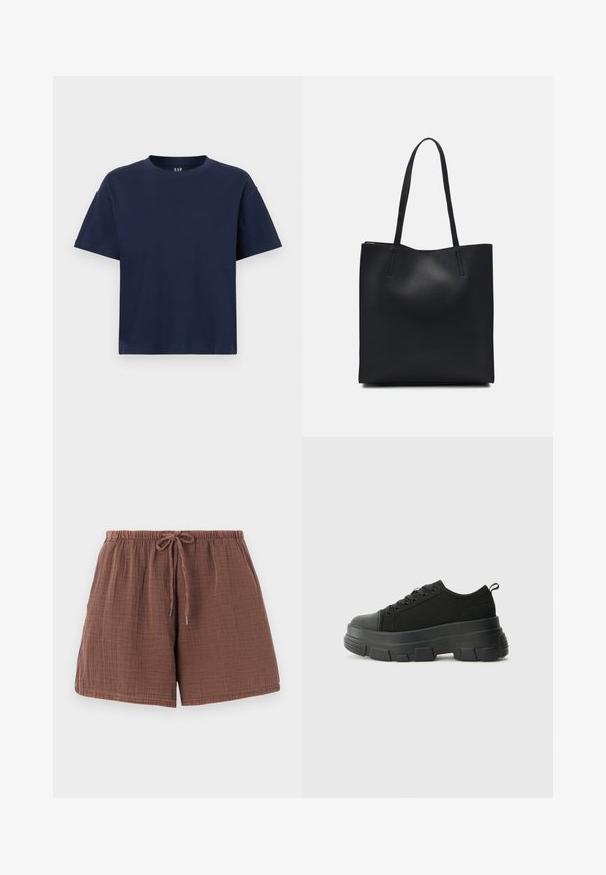 T-shirt en coton bleu marine avec un col rond et des manches courtes, offrant une coupe décontractée et un design minimaliste. Aucune motif ni accent.; Shorts en coton marron avec une finition texturée et froissée, une taille élastique et un cordon de serrage. Longueur mi-cuisse avec une coupe décontractée.; Baskets noires avec une semelle en caoutchouc épaisse, un dessus en tissu texturé, un bout rond et un design à lacets. Présente des œillets renforcés et une languette à l'arrière.; Sac fourre-tout en cuir noir avec une texture lisse, de forme rectangulaire et deux longues poignées. Pas de matériel ou d'ornementations visibles.