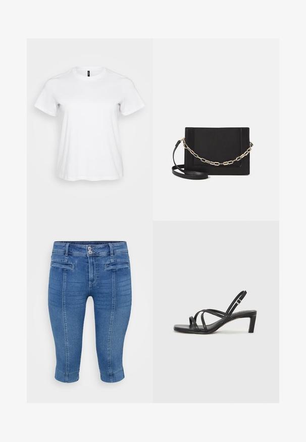 White cotton t-shirt with short sleeves, round neckline, and a relaxed fit. Smooth texture with no visible patterns or accents.; Blue denim capri pants featuring a fitted design, two front pockets, and a cuffed hem. The fabric has a smooth texture with slight fading.; Black strappy sandal with a square toe and a low block heel. Features multiple thin straps and an adjustable ankle strap. Made of smooth leather.; Black leather crossbody bag featuring a smooth texture, rectangular shape, and a metallic chain detail on the front. Adjustable strap included.