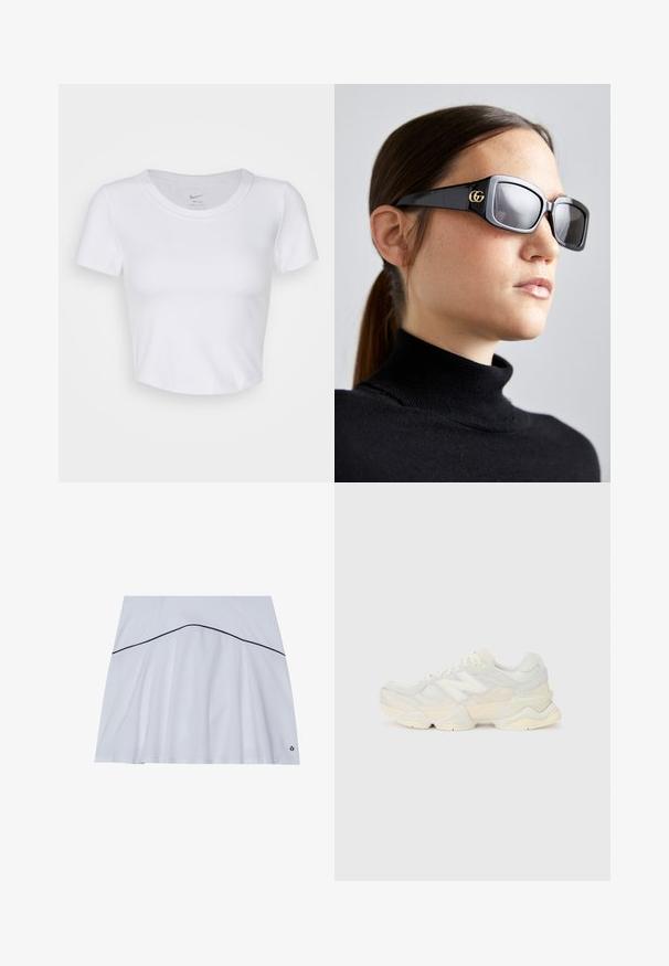Witte, kortgemouwen crop top van glad, synthetisch materiaal. Heeft een ronde halslijn en het Nike-logo binnenin de kraag.; Witte sportrok met een uitlopende zoom, met een marineblauwe accentlijn rond de taille en een logo in de rechteronderhoek.; Lichte sneaker met een bovenwerk van mesh en suede in zachte crèmekleuren, met een chunky zool en driedimensionale accenten.; Zwarte rechthoekige zonnebril met getinte lenzen, met een gouden GG-logo op de armen, tegen een neutrale achtergrond.