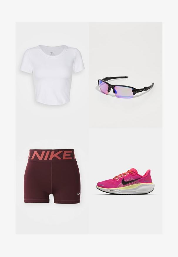 Hvit, kortermet crop top laget av glatt, syntetisk materiale. Har rund halslinning og Nike-logo inni kragen.; Burgunderfargede treningsshorts med bred midje som har "NIKE"-logoen i kontrastfarge rød. Laget av glatt, stretchy materiale.; Rosa treningssko med et pustende mesh overdel, svart Nike-svoosh, lyseoransje snøringer og en kontrasterende gul mellomsåle. Hvit yttersåle.; Svarte sporty solbriller med blank overflate, purpurfargede speilglass, og buede sorte stenger. Har logo på rammen.
