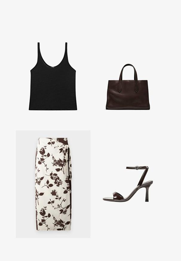 Czarny top na ramionczkach z miękkiego materiału, z zaokrąglonym dekoltem i cienkimi ramiączkami. Prosty, krótki fason z czystymi brzegami i bez wzorów.; Spódnica kopertowa w kwiatowy wzór z kremowym tłem i ciemnobrązowymi wzorami botanicznymi. Wykonana z gładkiego materiału, posiada zapięcie na tasiemkę w talii.; Brązowe lakierowane skórzane sandały na wysokim obcasie z paskiem wokół kostki, otwartym noskiem i eleganckim, minimalistycznym designem. Posiadają kwadratowy obcas.; Brązowa skórzana torba tote z dwoma wydłużonymi uchwytami, usztywnionym prostokątnym kształtem, gładką teksturą i subtelnymi detalami przeszycia.