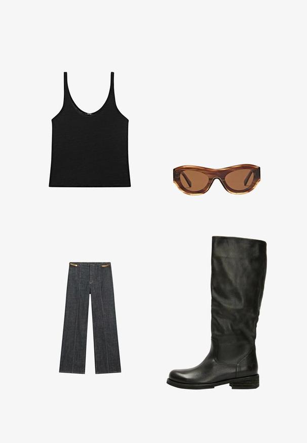 Zwarte tanktop van een zachte stof met een ronde halslijn en dunne bandjes. Eenvoudig, cropped ontwerp met schone randen en geen patronen.; Donkergewassen denimwijdpijpbroek met een hoge taille. Kenmerken zijn zichtbare stiksels, een knoopsluiting en een unieke kettingaccent aan de taille.; Felmini Laarzen - black; Zonnebril met een schildpadstructuur montuur, bruin gradient lenzen en een slanke cat-eye vorm. Gemaakt van lichtgewicht plastic met een glanzende afwerking.