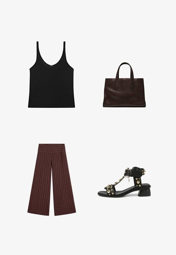 Czarny top na ramionczkach z miękkiego materiału, z zaokrąglonym dekoltem i cienkimi ramiączkami. Prosty, krótki fason z czystymi brzegami i bez wzorów.; Brązowe spodnie o szerokich nogawkach w białe pionowe paski; elastyczny pas; wykonane z miękkiego materiału; charakteryzują się prostymi liniami i luźnym krojem.; Czarne sandały z dużymi złotymi ćwiekami, projekt T-strap oraz szerokim zapięciem w okolicy kostki. Niski, blokowy obcas z teksturowanym wykończeniem.; Brązowa skórzana torba tote z dwoma wydłużonymi uchwytami, usztywnionym prostokątnym kształtem, gładką teksturą i subtelnymi detalami przeszycia.
