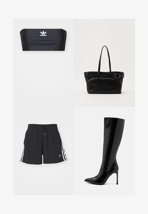 Top bandeau noir en tissu lisse, arborant un logo Adidas blanc centré à l'avant, sans motifs ni embellissements supplémentaires.; Shorts athlétiques noirs en mélange de coton, avec des rayures blanches sur les côtés, une taille élastique avec cordon de serrage, et un petit logo sur l'ourlet.; Bottes noires jusqu'aux genoux en cuir verni, avec un bout pointu et un talon aiguille fin. Texture lisse avec un design minimaliste.; Sac en cuir noir avec deux longues anses, une texture lisse et une large bandoulière dotée d'un détail de boucle en haut.