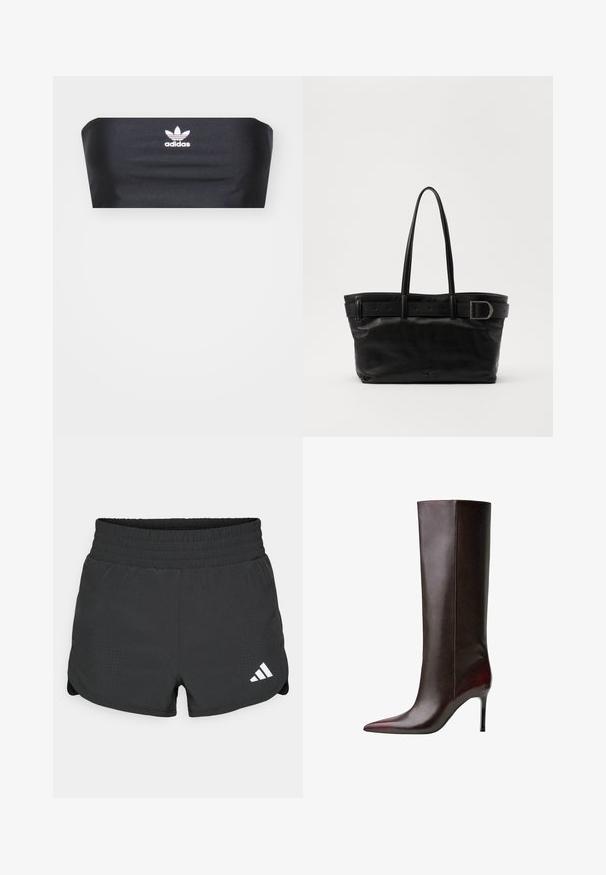 Fekete bandeau felső sima anyagból, középen fehér Adidas logóval, további minták vagy díszítések nélkül.; Fekete sportnadrág elasztikus derékpánttal, perforált részletekkel és fehér Adidas logóval az alsó bal oldalon.; Barna bőr térdfeletti csizma hegyes orral, sima felülettel és tűsarokkal. Oldalt varrás részletek.; Fekete bőr tote táska két hosszú fogantyúval, sima textúrával és széles pánttal, amelyen csat részlet található a tetején.