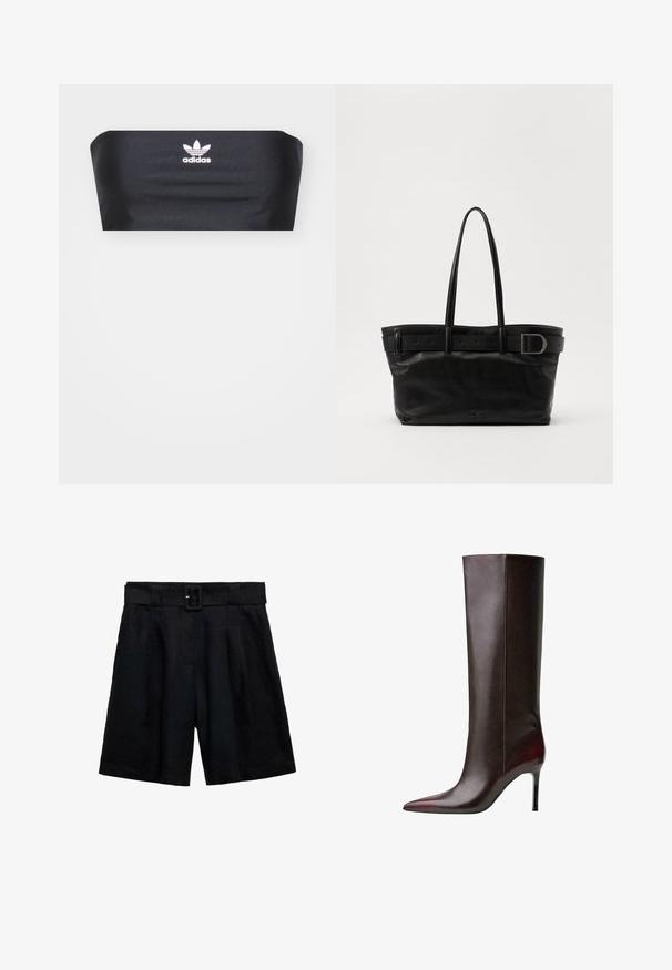 Czarny top bandeau wykonany z gładkiego materiału, z białym logo Adidas umieszczonym na środku z przodu, bez dodatkowych wzorów czy ozdób.; Czarne lniane szorty o luźnym kroju, z paskiem w talii, fałdami i dwoma bocznymi kieszeniami. Gładka tekstura w jednolitym kolorze.; Brązowy skórzany kozak do kolan z czubkiem w kształcie stożka, gładką teksturą i szpilkowym obcasem. Szwy biegnące wzdłuż boku.; Czarna skórzana torba na ramię z dwiema długimi uchwytami, gładką fakturą i szerokim paskiem z klamrą u góry.