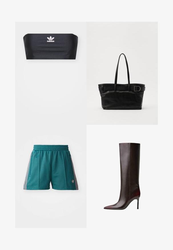 Černý bandeau top vyrobený z hladké tkaniny, s bílým logem Adidas uprostřed vepředu, bez dalších vzorů nebo ozdob.; Tyrkysové sportovní šortky s elastickým pasem, s růžovými a bílými pruhovanými bočními akcenty a bočními kapsami na zip. Logo na lemu.; Hnědá kožená vysoká bota po kolena s špičatou špičkou, hladkým povrchem a středně vysokým podpatkem. Švy podél strany.; Černá kožená taška přes rameno s dvěma dlouhými uchy, hladkým povrchem a širokým popruhem s přezkou na vrchu.