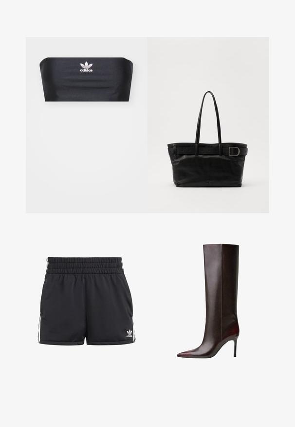 Top bandeau negru, dintr-un material neted, cu un logo alb Adidas centrat în față, fără modele sau embellishments suplimentare.; adidas Originals STRIPESS - Pantaloni scurți - black; Botină din piele maro, până la genunchi, cu un design cu vârf ascuțit, textură elegantă și toc stiletto. Detalii cu cusături de-a lungul lateralei.; Geantă tote din piele neagră cu două mânere lungi, o textură netedă și o curea lată cu detaliu de cataramă în partea de sus.