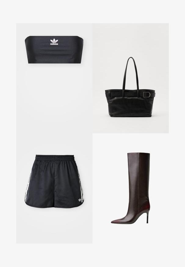 Black bandeau top made of smooth fabric, featuring a white Adidas logo centered at the front, with no additional patterns or embellishments.; Black athletic shorts with an elastic waistband, white three-stripe accents on the sides, and a small logo on the lower hem.; Brown leather knee-high boot with a pointed toe design, sleek texture, and a stiletto heel. Seam detailing along the side.; Black leather tote bag with two long handles, a smooth texture, and a wide strap featuring a buckle detail at the top.