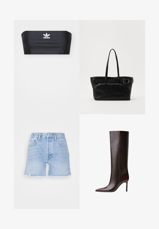 Black bandeau top made of smooth fabric, featuring a white Adidas logo centered at the front, with no additional patterns or embellishments.; Denim shorts in light blue with a frayed hem. Features classic five-pocket design, button closure, and slight distressing on fabric.; Brown leather knee-high boot with a pointed toe design, sleek texture, and a stiletto heel. Seam detailing along the side.; Black leather tote bag with two long handles, a smooth texture, and a wide strap featuring a buckle detail at the top.