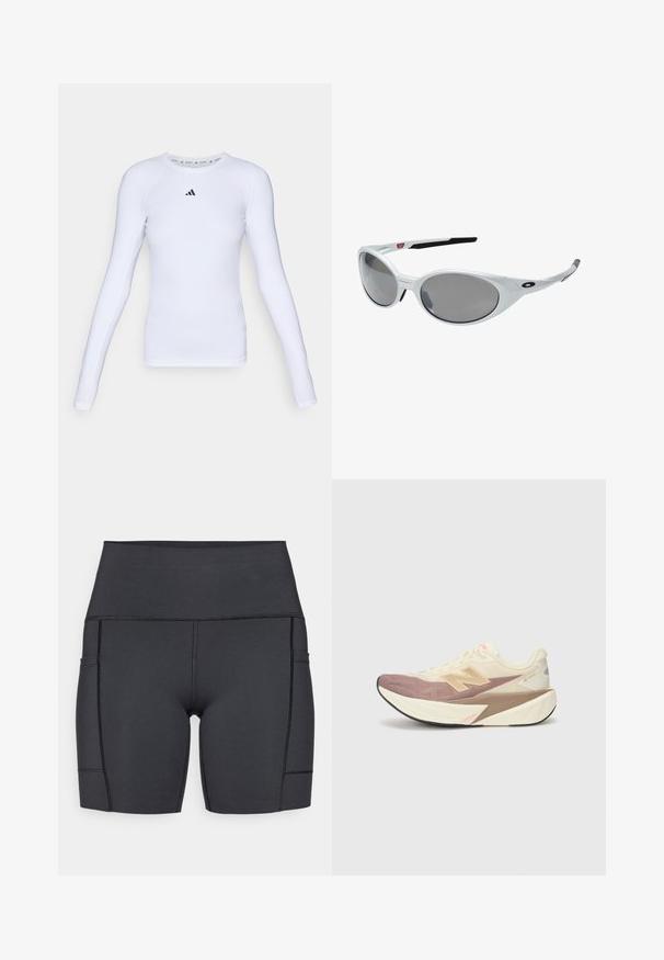 Garš darbo baltā sporta krekls ar garām piedurknēm, izgatavots no elastīga materiāla, ar apaļu kakla izgriezumu un nelielu melnu logotipu krūšu rajonā.; Melni augstās jostas šorti, izgatavoti no elastīga auduma, ar sānu kabatām, gludām šuvēm un gludu tekstūru, kas nodrošina komfortu aktivitāšu laikā.; Skriešanas apavi ar krēmveida augšdaļu, rozā akcentiem un pelēkiem elementiem. Iezīmējas ar biezām zolēm ar teksturētu virsmu un izteiktu logo.; Baltas plastmasas saulesbrilles ar lieliem ovālas formas lēcām, pelēks toņos. Tām ir melni auss turētāji un neliela logo uz rāmja. Gluda apdare.