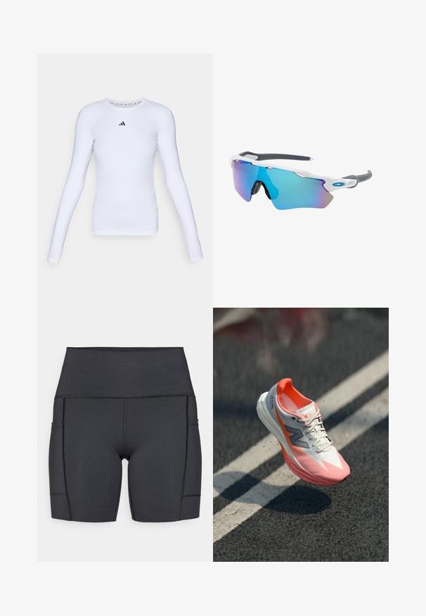 Långärmad vit träningströja gjord av elastiskt material, med rund halsringning och en liten svart logotyp på bröstområdet.; Svarta högmidjade shorts tillverkade av stretchigt material, med sidofickor, plana sömmar och en slät yta för komfort under aktiviteter.; Löparsko med en vit och rosa ovandel, med en nätstruktur, reflekterande detaljer och en dämpad sula. Lättviktig design för prestanda.; Solglasögon med vit ram, grå detaljer och blå spegelglas. Sportig design, omslutande form och justerbara näskuddar.
