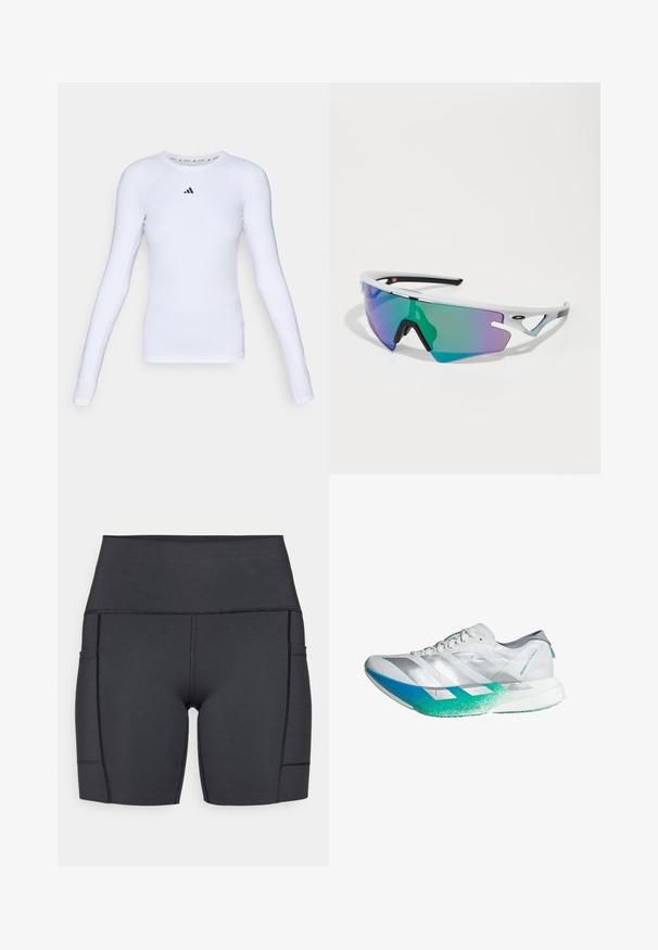 Long-sleeve white athletic shirt made of stretchy fabric, featuring a round neck and a small black logo on the chest area.; Black high-waisted shorts made of stretchy fabric, featuring side pockets, flat seams, and a smooth texture for comfort during activities.; White running shoe with silver accents, blue-to-green gradient sole, textured upper, and three diagonal stripes on the side.; Sport sunglasses with a white frame, large green and purple gradient lens, angular design, and black accents on the arms and nose piece.