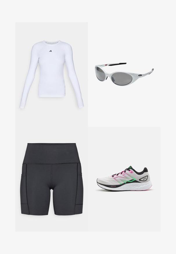 Langarmige witte sport T-shirt van rekbare stof, met een ronde hals en een klein zwart logo op de borst.; Zwarte high-waisted shorts van rekbaar materiaal, met zijzakken, platte naden en een gladde textuur voor comfort tijdens activiteiten.; Lichte hardloopschoen met een grijze bovenkant, roze en groene accenten, en een dikke witte zool met textuurpatronen, gelabeld "Fresh Foam."; Witte kunststof zonnebril met grote ovale lenzen, grijs getint. Voorzien van zwarte oorsteunen en een klein logo op het montuur. Gladde afwerking.