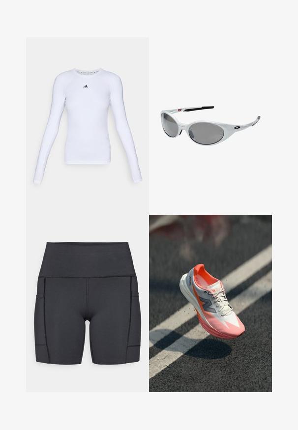 Ilgomis rankovėmis balta sportinė marškinė, pagaminta iš tamprios medžiagos, su apvaliu kaklu ir mažuoju juodu logotipu krūtinės srityje.; Juodos aukštu liemeniu šortai, pagaminti iš elastingos medžiagos, su šoninėmis kišenėmis, lygiomis siūlėmis ir glotnia tekstūra, užtikrinančia komfortą atliekant veiklas.; Bėgimo bateliai su balta ir rožine viršutine dalimi, turintys tinklinę tekstūrą, atspindinčius akcentus ir paminkštintą padą. Lengvos konstrukcijos, siekiant geresnio našumo.; Baltos plastikinės saulės akiniai su dideliais ovaliais objektyvais, pilkai nudažyti. Turime juodas ausis laikančias dalis ir mažą logotipą ant rėmelio. Lygus paviršius.