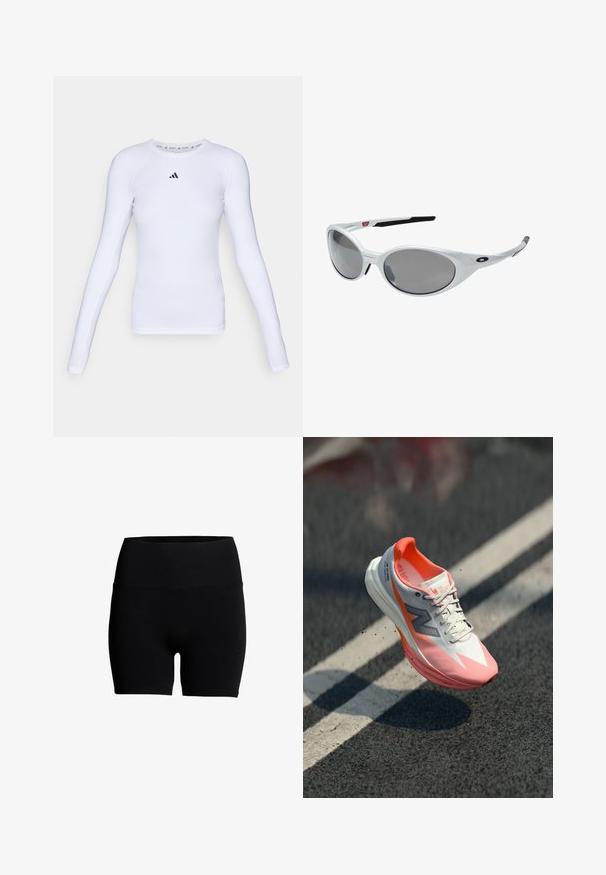 Långärmad vit träningströja gjord av elastiskt material, med rund halsringning och en liten svart logotyp på bröstområdet.; Svarta shorts i bomullsmix med hög elastisk midja, slät yta och figurnära passform. Inga synliga mönster eller detaljer i hårdvara.; Löparsko med en vit och rosa ovandel, med en nätstruktur, reflekterande detaljer och en dämpad sula. Lättviktig design för prestanda.; Vita plastsolglasögon med stora ovala linser, gråtonade. Har svarta örongrepp och en liten logotyp på ramen. Slät yta.