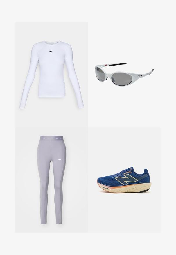 Dlouhý rukáv bílého sportovního trička vyrobeného z elastické tkaniny, s kulatým výstřihem a malým černým logem na oblasti hrudi.; adidas Performance Legíny - kalhoty - glory grey; Modrá běžecká bota s prodyšným síťovaným svrškem, polstrovaným límcem a polstrovanou podrážkou s oranžovým akcentem. Viditelné logo "Fresh Foam".; Bílé plastové sluneční brýle s velkými oválnými skly, šedě tónovanými. Mají černé držáky na uši a malé logo na rámu. Hladký povrch.