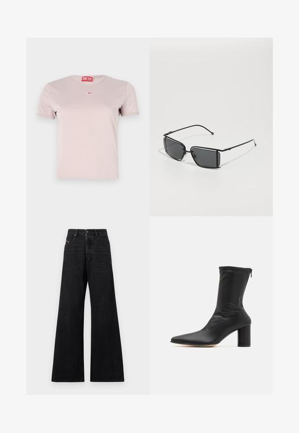 Světle růžové tričko s krátkým rukávem vyrobené z bavlny, s kulatým výstřihem a malým červeným logem "DIESEL" na horní části hrudi.; Černé džíny s širokými nohavicemi, vyrobené z denimu, s vysokým pasem, designem s pěti kapsami a jemným šitím vpředu.; MM6 Maison Margiela BOOT - Kotníkové boty - black; Černé obdélníkové sluneční brýle s tenkým kovovým rámem a tmavými skleněnými čočkami. Vyznačují se minimalistickým designem a štíhlými nožičkami.