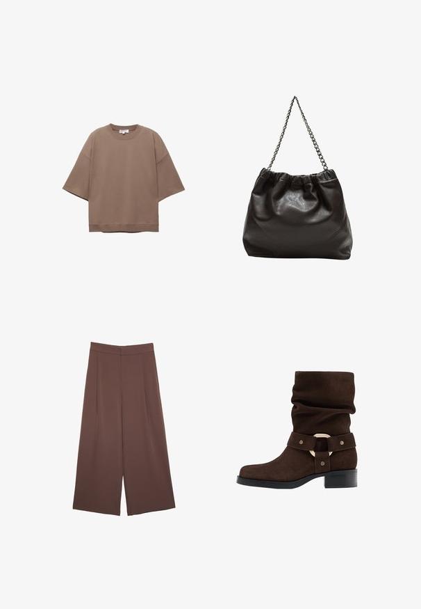 Ruskea ylisuurikokoinen t-paita, lyhyet hihat, pyöreä pääntie, valmistettu pehmeästä puuvillakankaasta, yksinkertainen muotoilu ja minimimäärä saumoja.; Ruskeat leveälahkeiset housut, joissa on sileä pinta, korkea vyötärö ja etupleat. Kangas on kevyttä ja laskeutuu väljänä.; Ruskea mokka nilkkuri, jossa on roikkuva muotoilu, leveä hihna, jossa on pyöreä kultakoru, neliömäinen kärki ja matala musta lohkokorko.; Ruskea nahkainen laukku, jossa on kerätty yläosa ja ketjuhihna. Tasainen pinta, jossa kiiltävä viimeistely ja hienovaraiset sauman yksityiskohdat sivuilla.