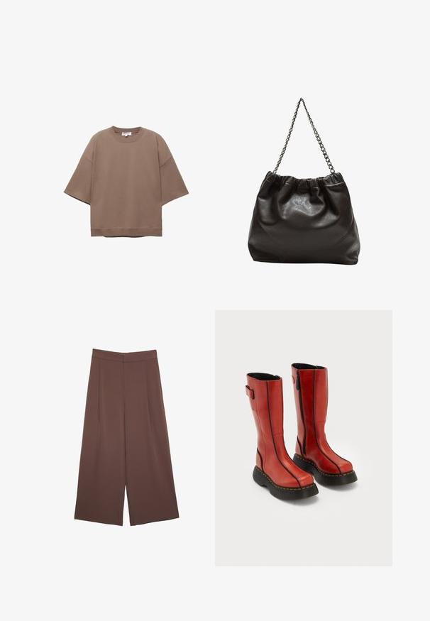 Brun oversized T-shirt, korte ærmer, rund halsudskæring, lavet af blødt bomuldsstof, har et enkelt design og minimale syninger.; Brune bredbunde bukser med en glat tekstur, der har høj talje og plisseringer foran. Stoffet er let og falder løst.; Høje røde læderstøvler med sorte tykke såler, sidelukninger med lynlås og sorte syninger, der står side om side på en hvid baggrund.; Brun lædertaske med en rynket top og en kædestrop. Glat tekstur med en blank finish og subtile sømdetaljer på siderne.