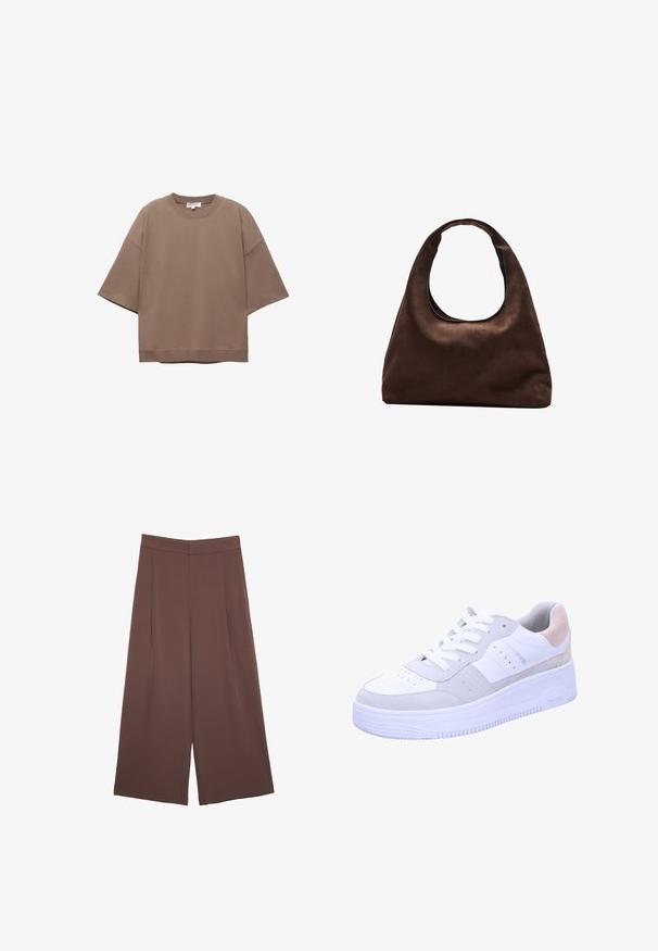 Brown oversized T-shirt, short sleeves, round neckline, made from soft cotton material, features a simple design and minimal seams.; Brown wide-leg trousers with a smooth texture, featuring a high waist and front pleats. The fabric is lightweight and flows loosely.; White sneaker with gray suede accents, textured sole, perforated toe box, and white laces. Features a subtle pastel pink heel tab.; Soft brown hobo-style handbag with a single wide strap and a curved top handle opening, displayed on a white background.
