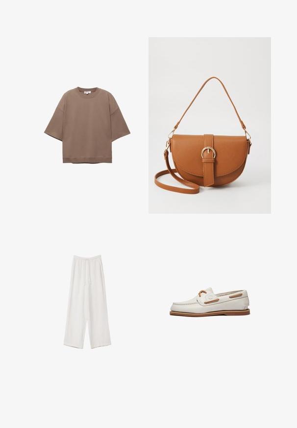 Brun oversized T-shirt, korta ärmar, rund halsringning, tillverkad av mjukt bomullsmaterial, har en enkel design och minimala sömmar.; Vita vida byxor i vid passform gjorda av ett lättviktsmaterial. Har en elastisk midja med dragsko och sidofickor. Slät textur.; Vita läderbåtssko med en slät yta, som har bruna detaljer, snörning och en gummisula. Minimalistisk design med subtila sömmar.; Brun läder crossbody-väska med en böjd form, gyllene detaljer och en spänneaccent. Har en avtagbar axelrem.