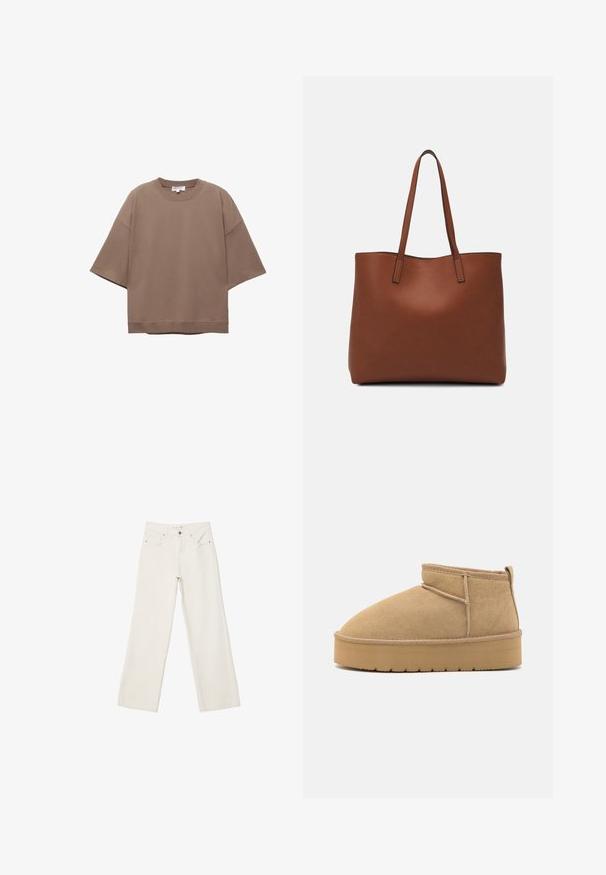 Brązowy, oversize T-shirt, krótki rękaw, okrągły dekolt, wykonany z miękkiego materiału bawełnianego, charakteryzujący się prostym wzornictwem i minimalną ilością szwów.; Białe dżinsy w szerokim kroju wykonane z denimu, z wysokim stanem, przednimi kieszeniami i zapięciem na guzik. Czysty design z minimalnymi akcentami.; Beżowe zamszowe botki za kostkę z okrągłym czubkiem, minimalnym przeszyciem i jasnobrązową gumową podeszwą z teksturowanym wzorem.; Brązowa skórzana torba tote o gładkiej fakturze, z otwartym wierzchem i dwoma ramiączkami. Charakteryzuje się minimalnym przeszyciem i brakiem widocznych elementów metalowych.
