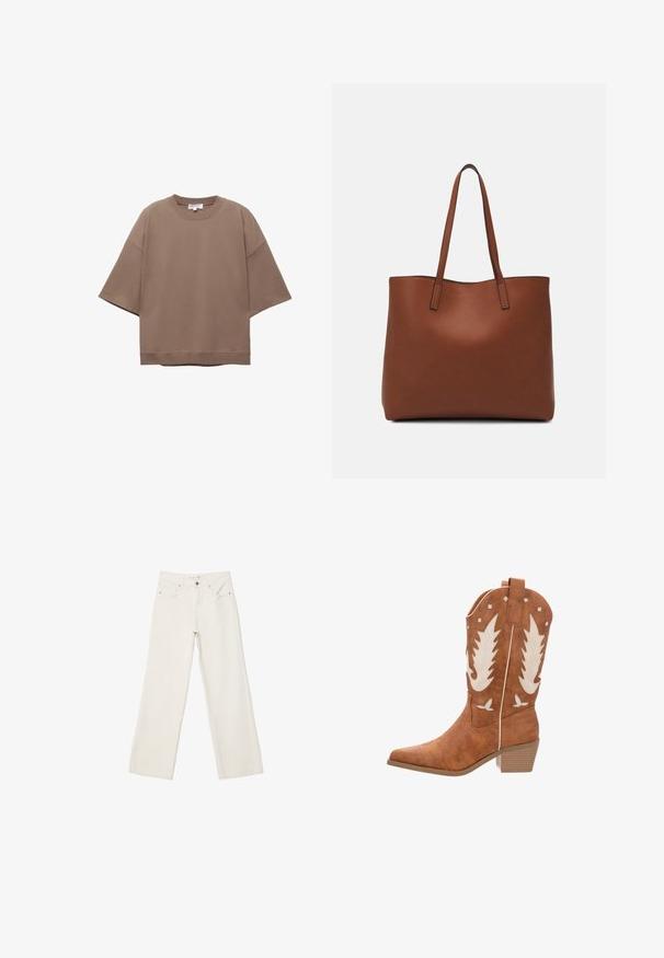Brązowy, oversize T-shirt, krótki rękaw, okrągły dekolt, wykonany z miękkiego materiału bawełnianego, charakteryzujący się prostym wzornictwem i minimalną ilością szwów.; Białe dżinsy w szerokim kroju wykonane z denimu, z wysokim stanem, przednimi kieszeniami i zapięciem na guzik. Czysty design z minimalnymi akcentami.; Brązowe kowbojskie buty z sztucznej skóry z białymi haftowanymi skrzydłami i kwadratowymi akcentami, spiczastym noskiem i niskim, warstwowym obcasem.; Brązowa skórzana torba tote o gładkiej fakturze, z otwartym wierzchem i dwoma ramiączkami. Charakteryzuje się minimalnym przeszyciem i brakiem widocznych elementów metalowych.