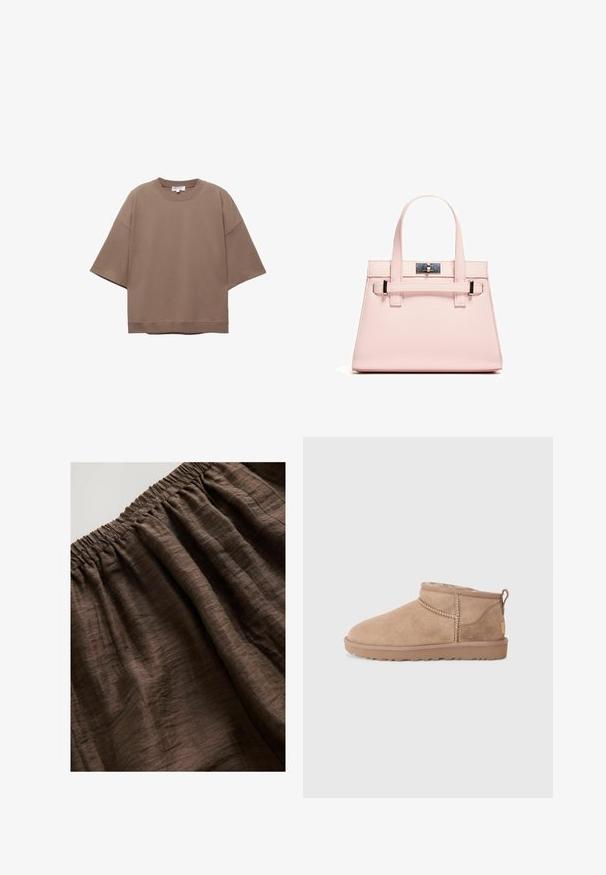 T-shirt marrone oversize, maniche corte, scollatura rotonda, realizzata in morbido cotone, presenta un design semplice e cuciture minime.; Tinta marrone con elastico in vita e tessuto testurizzato, caratterizzato da morbide pieghe stropicciate e una tonalità terrosa ricca. Adatto per l'abbigliamento casual.; Stivali alla caviglia in suede marrone con una morbida fodera interna, dettagli cuciti e suola in gomma testurizzata per una buona aderenza. Anello sul retro per facilitarne l’indossamento.; Borsa a mano strutturata di colore rosa, realizzata in pelle testurizzata, con due manici superiori, chiusura a scatto e dettagli metallici a contrasto.