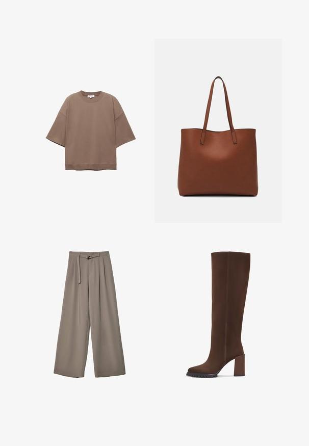 Hnědé oversized tričko, krátké rukávy, kulatý výstřih, vyrobeno z měkké bavlny, má jednoduchý design a minimální švy.; Kalhoty s širokými nohavicemi v měkké, tlumené šedé látce, s páskem v pase a sklady pro přidaný designový detail. Hladká textura, bez vzorů.; Hnědé kozačky do výšky kolen vyrobené z měkké tkaniny, s čtveratou špičkou, blokovým podpatkem a texturovanou gumovou podrážkou. Čisté linie bez ozdob.; Hnědá kožená taška přes rameno s hladkou texturou, otevřeným designem a dvěma ramenními popruhy. Obsahuje minimální švy a žádné viditelné kovové prvky.