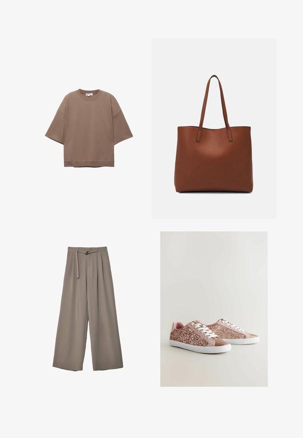Hnedé oversized tričko, krátke rukávy, okrúhly výstrih, vyrobené z mäkkého bavlneného materiálu, s jednoduchým dizajnom a minimálnymi švami.; Široké nohavice v jemnej, tlmenej šedej tkanine, s opaskom v pase a vreckami pre dodatočný dizajnový detail. Hladký povrch, bez vzorov.; Ružové tenisky s trblietavým ružovým zvrškom, hladkými akcentmi, bielymi šnúrkami a bielou gumovou podrážkou. Obsahujú semišové textúry a zaoblenú špičku.; Hnedá kožená taška na rameno s hladkou textúrou, otvoreným vrchom a dvoma ramenými popruhmi. Má minimálne šitia a žiadne viditeľné kovania.