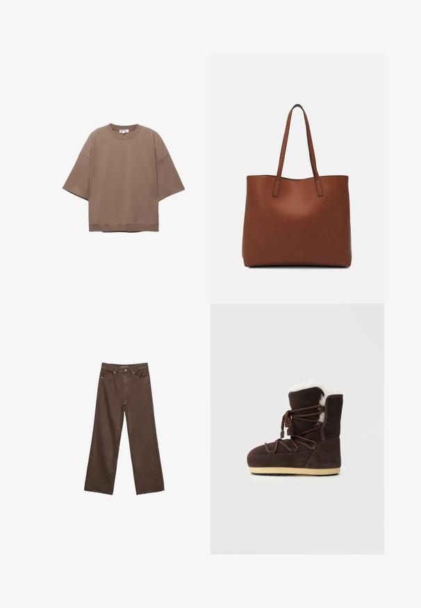 Ruskea ylisuurikokoinen t-paita, lyhyet hihat, pyöreä pääntie, valmistettu pehmeästä puuvillakankaasta, yksinkertainen muotoilu ja minimimäärä saumoja.; Leviittävät ruskeat farkut, jotka on valmistettu denimistä, korkea vyötärö, etutaskut ja klassinen nappikiinnitys. Silkkinen pinta hienovaraisella ompelutyöllä.; Ruskeat mokkanahkasaappaat, joissa on valkoinen tekoturkistoppa, nauhakiinnitys ja vaaleanruskea kumipohja. Sivussa on teksti "MOON BOOT."; Ruskea nahkainen olkalaukku, jossa on sileä pinta, avoin yläosa ja kaksi olkahihnaa. Omaavat vain minimaalisen ompelun eikä näkyvää metalliosaa.