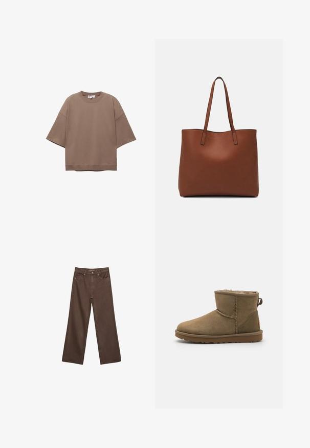 T-shirt marrone oversize, maniche corte, scollatura rotonda, realizzata in morbido cotone, presenta un design semplice e cuciture minime.; Jeans a gamba larga marroni in denim, con vita alta, tasche anteriori e chiusura a bottone classica. Tessuto liscio con cuciture sottili.; Stivale alla caviglia in suede marrone con una morbida fodera in pelliccia, punta rotonda e un dettaglio ad anello sul retro. Suola piatta in gomma con grip testurizzato.; Borsa tote in pelle marrone con texture liscia, design con apertura superiore e due spallacci. Presenta cuciture minime e nessun hardware visibile.