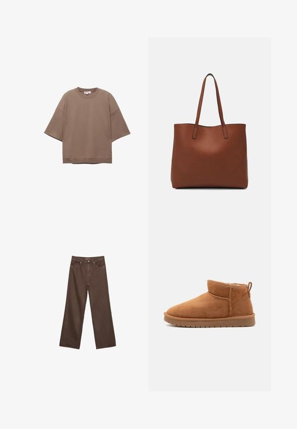 Hnedé oversized tričko, krátke rukávy, okrúhly výstrih, vyrobené z mäkkého bavlneného materiálu, s jednoduchým dizajnom a minimálnymi švami.; Džínsy s širokými nohavicami v hnedej farbe, vyrobené z denimu, so zvýšeným pásom, prednými vreckami a klasickým zapínaním na gombík. Hladká textúra s jemným prešívaním.; Call it Spring JAMIELEE - Zimné čižmy - camel; Hnedá kožená taška na rameno s hladkou textúrou, otvoreným vrchom a dvoma ramenými popruhmi. Má minimálne šitia a žiadne viditeľné kovania.