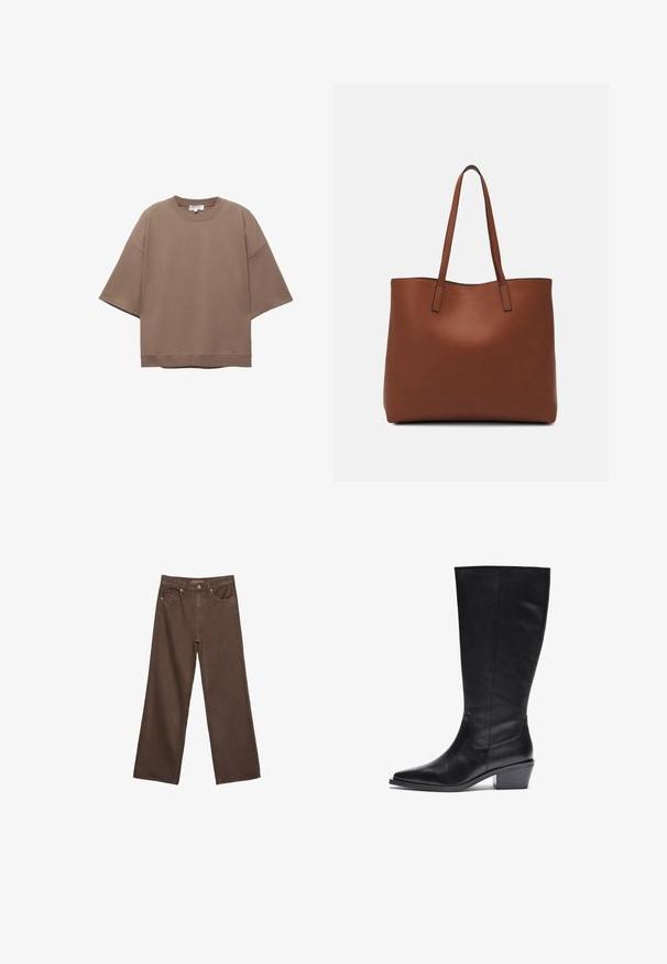 Brown oversized T-shirt, short sleeves, round neckline, made from soft cotton material, features a simple design and minimal seams.; Wide-leg brown jeans made of denim, featuring a high waist, front pockets, and a classic button closure. Smooth texture with subtle stitching.; Black leather knee-high boots with a pointed toe design, textured finish, and a tapered block heel. Seam detailing on the shaft.; Brown leather tote bag with a smooth texture, open top design, and two shoulder straps. Features minimal stitching and no visible hardware.