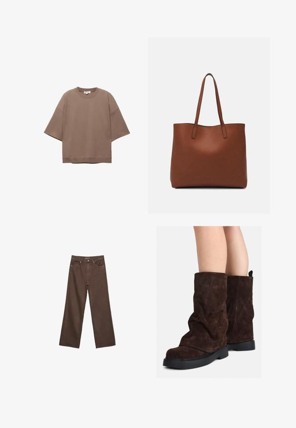 Hnedé oversized tričko, krátke rukávy, okrúhly výstrih, vyrobené z mäkkého bavlneného materiálu, s jednoduchým dizajnom a minimálnymi švami.; Džínsy s širokými nohavicami v hnedej farbe, vyrobené z denimu, so zvýšeným pásom, prednými vreckami a klasickým zapínaním na gombík. Hladká textúra s jemným prešívaním.; Hnedé semišové čižmy do polovice lýtok s čiernymi gumovými podrážkami nosené na holých nohách, s miernymi vráskami na šaftoch čižiem.; Hnedá kožená taška na rameno s hladkou textúrou, otvoreným vrchom a dvoma ramenými popruhmi. Má minimálne šitia a žiadne viditeľné kovania.