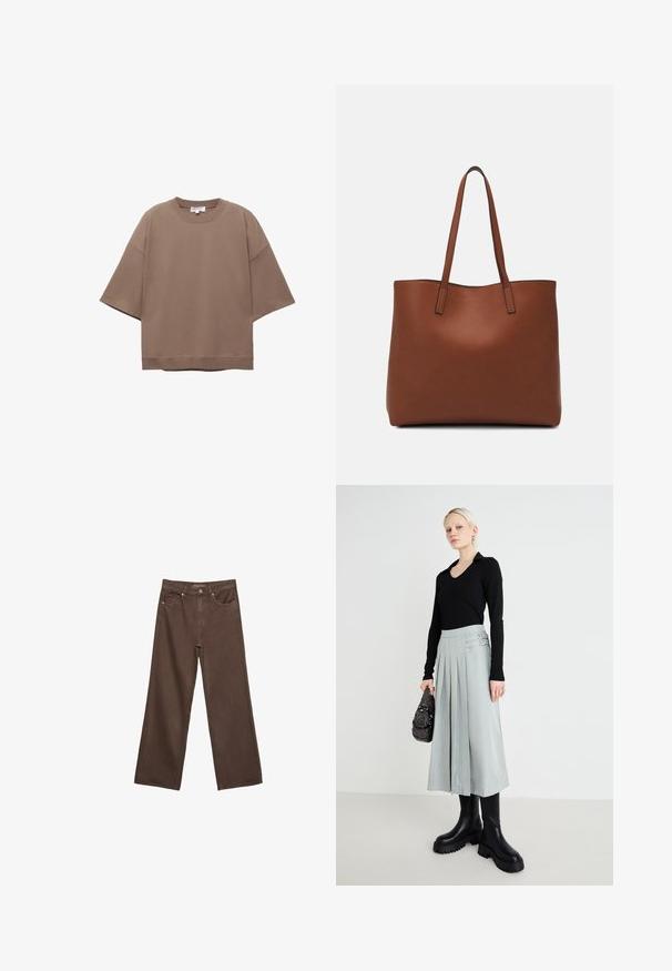 Ruskea ylisuurikokoinen t-paita, lyhyet hihat, pyöreä pääntie, valmistettu pehmeästä puuvillakankaasta, yksinkertainen muotoilu ja minimimäärä saumoja.; Leviittävät ruskeat farkut, jotka on valmistettu denimistä, korkea vyötärö, etutaskut ja klassinen nappikiinnitys. Silkkinen pinta hienovaraisella ompelutyöllä.; Musta pitkähihaisuus paita, vaaleanharmaa liukuvärjätty hame kaksoisoljilla, ja mustat paksupohjaiset saappaat; hopea käsilaukku koristeilla.; Ruskea nahkainen olkalaukku, jossa on sileä pinta, avoin yläosa ja kaksi olkahihnaa. Omaavat vain minimaalisen ompelun eikä näkyvää metalliosaa.