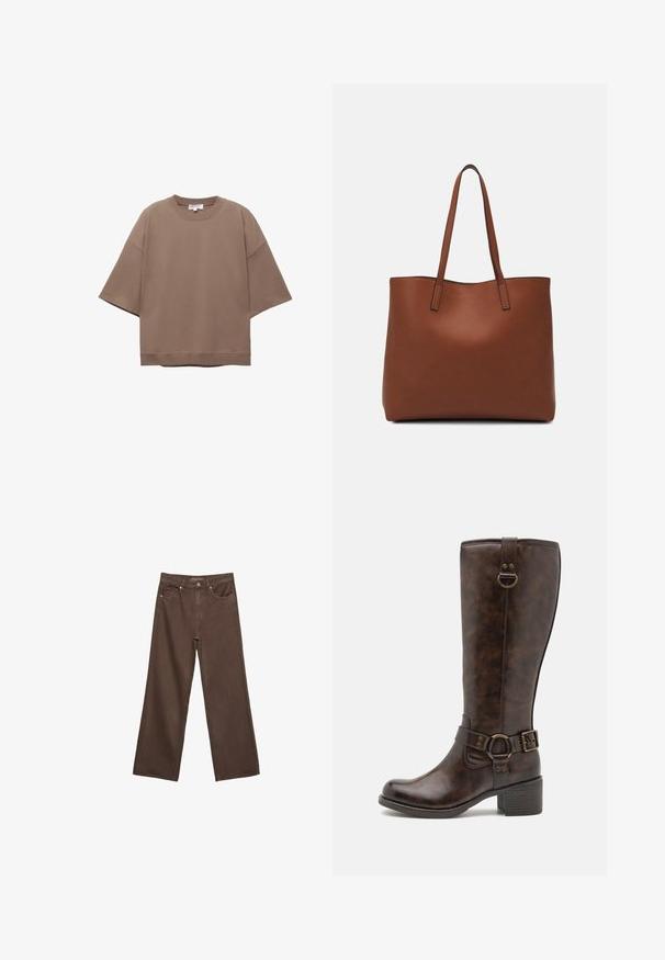 Braun oversized T-Shirt, kurze Ärmel, runder Ausschnitt, aus weichem Baumwollmaterial, mit schlichtem Design und minimalen Nähten.; Weite braune Jeans aus Denim, mit hoher Taille, Fronttaschen und klassischem Knopfverschluss. Glatte Textur mit feinen Nähten.; Braune Leder-Stiefel bis zum Knie mit einer runden Zehenform, dekorativem Riemen, runder Hardware und einem niedrigen Blockabsatz. Glatte Textur im gesamten Schuh.; Braune Leder-Tote mit glatter Textur, offenem Oberteil und zwei Schulterriemen. Verfügt über minimale Nähte und keine sichtbaren Beschläge.