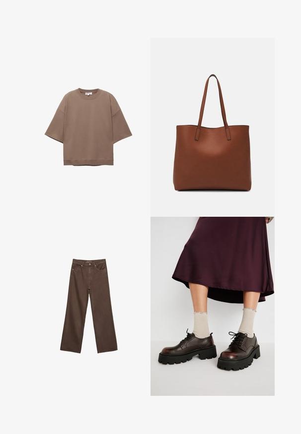 Hnedé oversized tričko, krátke rukávy, okrúhly výstrih, vyrobené z mäkkého bavlneného materiálu, s jednoduchým dizajnom a minimálnymi švami.; Džínsy s širokými nohavicami v hnedej farbe, vyrobené z denimu, so zvýšeným pásom, prednými vreckami a klasickým zapínaním na gombík. Hladká textúra s jemným prešívaním.; Hnedé kožené platformové topánky s hrubými čiernymi podrážkami, spárované s rebrovanými béžovými ponožkami s vlnitými okrajmi, na zatajenom pozadí.; Hnedá kožená taška na rameno s hladkou textúrou, otvoreným vrchom a dvoma ramenými popruhmi. Má minimálne šitia a žiadne viditeľné kovania.