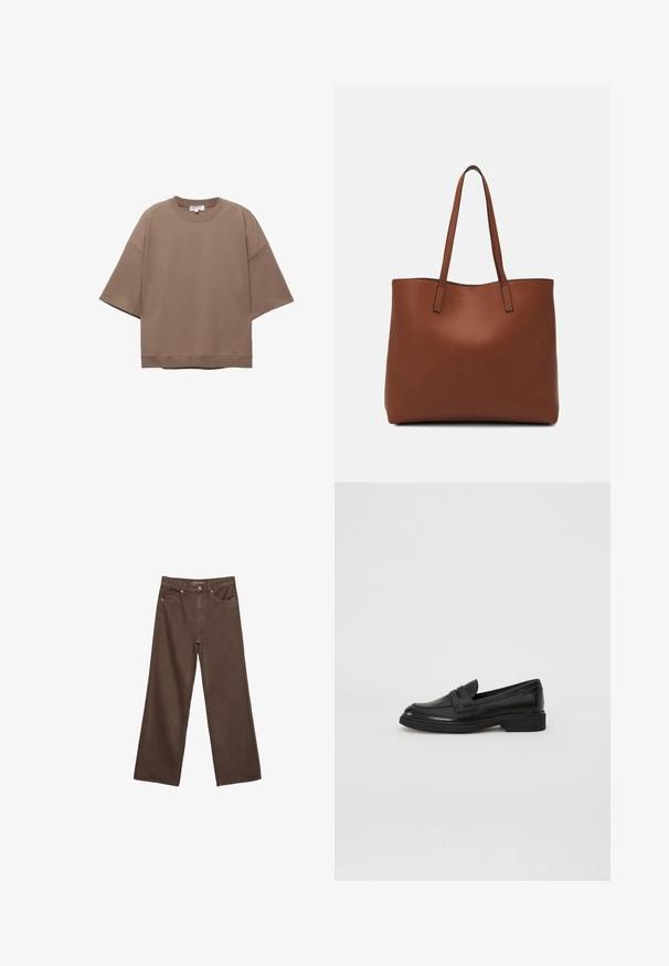 T-shirt oversized marron, à manches courtes, col rond, fabriqué en coton doux, présentant un design simple et des coutures minimales.; Jean brown à jambes larges en denim, doté d'une taille haute, de poches avant et d'une fermeture à bouton classique. Texture lisse avec des coutures subtiles.; Marc O'Polo PAULA - Chaussons - black; Sac fourre-tout en cuir marron avec une texture lisse, design à ouverture supérieure et deux poignées pour le porter à l'épaule. Présente des coutures minimales et aucun matériel visible.