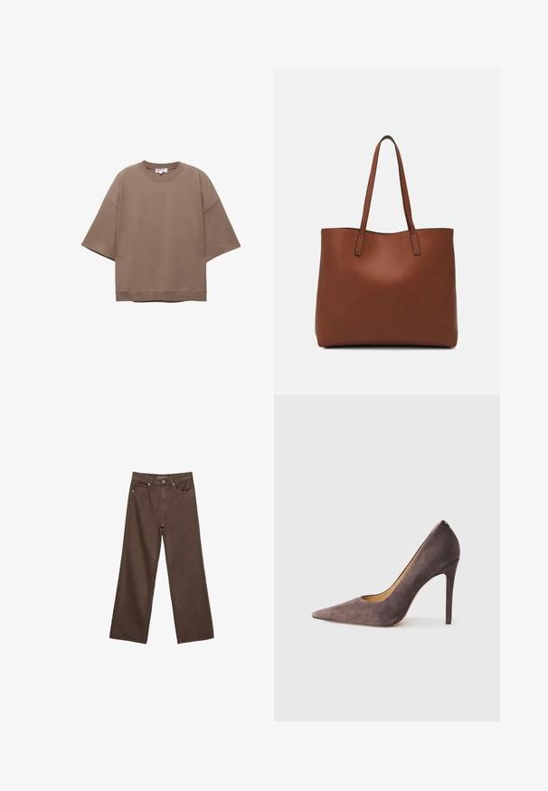 Bruine oversized T-shirt, korte mouwen, ronde halslijn, gemaakt van zacht katoen, heeft een eenvoudig ontwerp en minimale naden.; Brede bruine spijkerbroek van denim, met een hoge taille, voorzakken en een klassieke knoopsluiting. Soepele textuur met subtiele stiksels.; Grijze suède hoge hak pump met een spitse neus en een slanke silhouet. Beschikt over een soepele afwerking en een smalle hak voor een moderne uitstraling.; Bruine leren tote bag met een gladde textuur, een ontwerp met een open bovenkant en twee schouderbanden. Kenmerkt zich door minimale stiksels en geen zichtbare hardware.