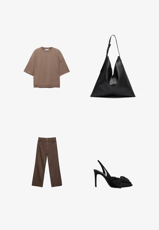 Hnedé oversized tričko, krátke rukávy, okrúhly výstrih, vyrobené z mäkkého bavlneného materiálu, s jednoduchým dizajnom a minimálnymi švami.; Džínsy s širokými nohavicami v hnedej farbe, vyrobené z denimu, so zvýšeným pásom, prednými vreckami a klasickým zapínaním na gombík. Hladká textúra s jemným prešívaním.; Čierne lodičky na sľučke s hladkým povrchom, so špicatou špičkou a detailom z textílie v tvare mašle vpredu. Úzky stiletto podpätok.; Čierna kožená trojuholníková kabelka s jedným nastaviteľným ramenným popruhom a mäkkou, mierne zloženou štruktúrou.