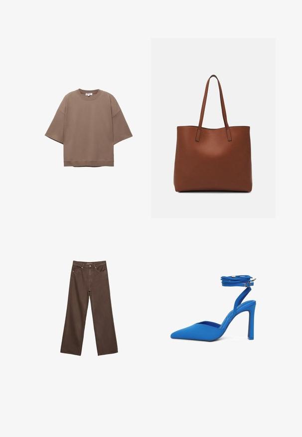 T-shirt marrone oversize, maniche corte, scollatura rotonda, realizzata in morbido cotone, presenta un design semplice e cuciture minime.; Jeans a gamba larga marroni in denim, con vita alta, tasche anteriori e chiusura a bottone classica. Tessuto liscio con cuciture sottili.; Scarpa con tacco alto blu, punta affusolata, materiale sintetico liscio, cinturino alla caviglia e tacco a blocco solido.; Borsa tote in pelle marrone con texture liscia, design con apertura superiore e due spallacci. Presenta cuciture minime e nessun hardware visibile.