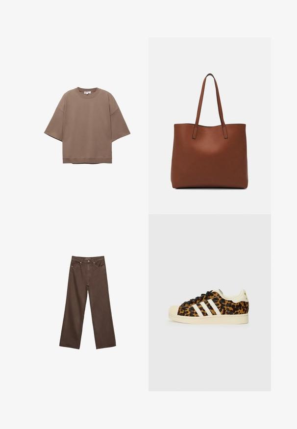 Hnědé oversized tričko, krátké rukávy, kulatý výstřih, vyrobeno z měkké bavlny, má jednoduchý design a minimální švy.; Hnědé džíny s širokými nohavicemi vyrobené z denimu, s vysokým pasem, předními kapsami a klasickým zapínáním na knoflík. Hladká textura s jemným švem.; Tenisky s leopardím vzorem, černými tkaničkami, bílým trojpruhovým designem, krémovou gumovou špičkou a podrážkou, texturovaný horní materiál.; Hnědá kožená taška přes rameno s hladkou texturou, otevřeným designem a dvěma ramenními popruhy. Obsahuje minimální švy a žádné viditelné kovové prvky.