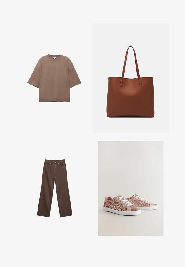 Rjava oversize majica, kratki rokavi, okrogla izrezana obleka, izdelana iz mehkega bombažnega materiala, ima preprost dizajn in minimalne šive.; Široke rjave kavbojke iz denima, ki imajo visok pas, sprednje žepe in klasično zapiranje na gumb. Gladka tekstura s subtilnim šivom.; Roza teniske z bleščečim roza zgornjim delom, gladkimi poudarki, belimi vezalkami in belim gumijastim podplatom. Imajo teksture, podobne usnju, in zaobljen priprimek.; Rjava usnjena torba z gladko teksturo, odprto zasnovo zgoraj in dvema naramnima trakovoma. Opremljena je z minimalnim šivanjem in brez vidnih kovinskih delov.