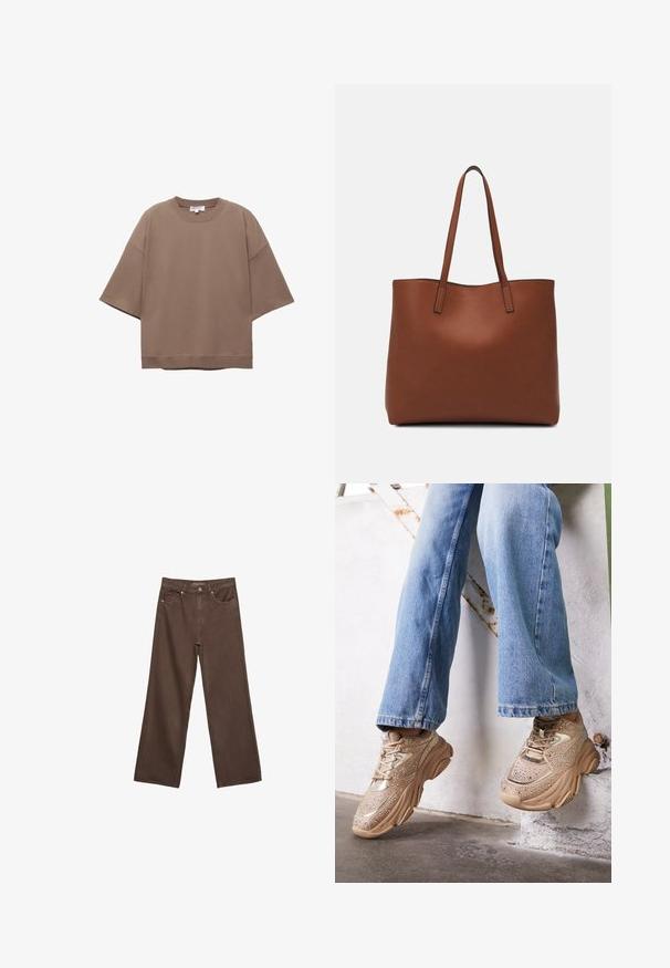Brown oversized T-shirt, short sleeves, round neckline, made from soft cotton material, features a simple design and minimal seams.; Wide-leg brown jeans made of denim, featuring a high waist, front pockets, and a classic button closure. Smooth texture with subtle stitching.; Beige sneakers featuring metallic accents, textured design, and rhinestone details, paired with light blue straight-leg jeans.; Brown leather tote bag with a smooth texture, open top design, and two shoulder straps. Features minimal stitching and no visible hardware.