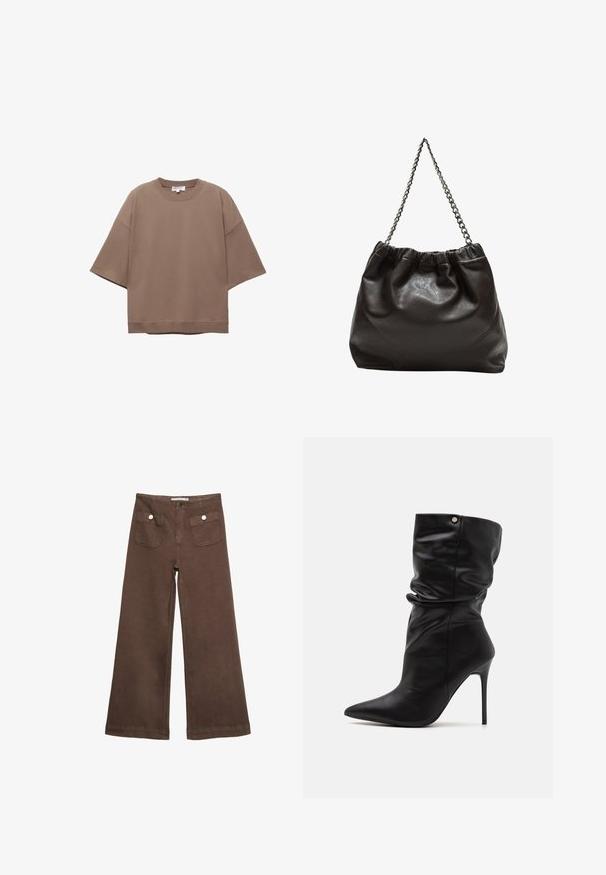 Brązowy, oversize T-shirt, krótki rękaw, okrągły dekolt, wykonany z miękkiego materiału bawełnianego, charakteryzujący się prostym wzornictwem i minimalną ilością szwów.; Czerwone spodnie typu wide-leg wykonane z bawełny, z dwoma przednimi kieszeniami zapinanymi na srebrne guziki oraz gładką fakturą.; Even&Odd Wide Fit - Botki na obcasie; Brązowa skórzana torba z marszczonym szczytem i łańcuszkowym paskiem. Gładka tekstura z błyszczącym wykończeniem i subtelnymi detalami szwów po bokach.