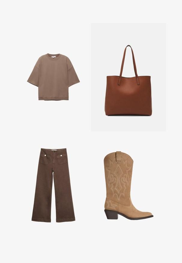 Hnědé oversized tričko, krátké rukávy, kulatý výstřih, vyrobeno z měkké bavlny, má jednoduchý design a minimální švy.; Hnědé široké kalhoty vyrobené z bavlny, s dvěma předními kapsami a stříbrnými knoflíky, s hladkou texturou.; Hnědé semišové kovbojské boty s vyšívaným dekoračním prošíváním, středně vysokým sloupkovým podpatkem a poutkem na holeni.; Hnědá kožená taška přes rameno s hladkou texturou, otevřeným designem a dvěma ramenními popruhy. Obsahuje minimální švy a žádné viditelné kovové prvky.