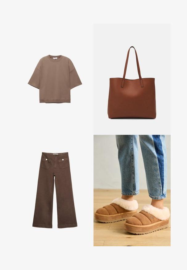 Ruskea ylisuurikokoinen t-paita, lyhyet hihat, pyöreä pääntie, valmistettu pehmeästä puuvillakankaasta, yksinkertainen muotoilu ja minimimäärä saumoja.; Ruske leve bukser i bomuld med to forlommer med sølvknapper og en glat overflade.; UGG TAZZLITA - Loaferit/pistokkaat - chestnut; Ruskea nahkainen olkalaukku, jossa on sileä pinta, avoin yläosa ja kaksi olkahihnaa. Omaavat vain minimaalisen ompelun eikä näkyvää metalliosaa.