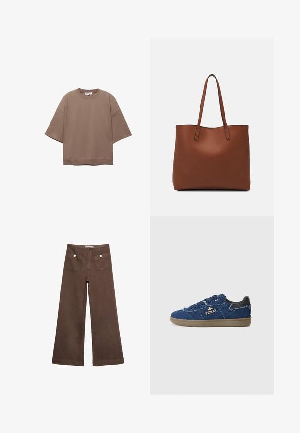 T-shirt oversized marron, à manches courtes, col rond, fabriqué en coton doux, présentant un design simple et des coutures minimales.; Pantalons larges marron en coton, dotés de deux poches avant avec des boutons argentés, et une texture lisse.; Replay PYPER - Baskets basses - blue; Sac fourre-tout en cuir marron avec une texture lisse, design à ouverture supérieure et deux poignées pour le porter à l'épaule. Présente des coutures minimales et aucun matériel visible.